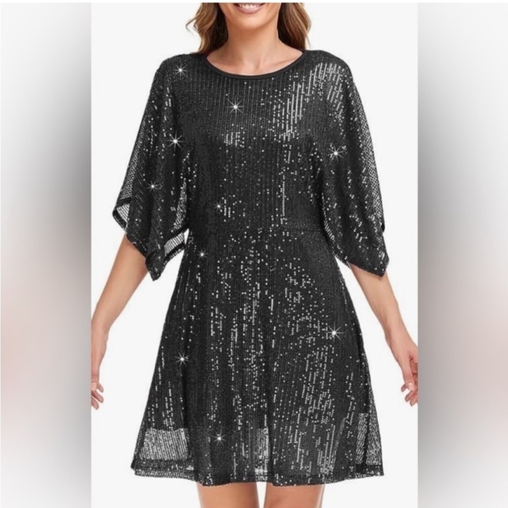 Special Occasion Glam Dress Size M Black Sequined Split Shoulder Short Sleeves